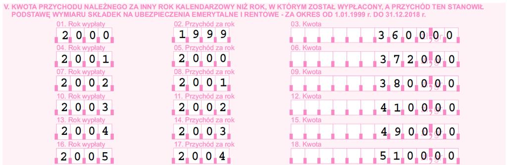 do 31.12.2018 r. Ten blok wypełniasz, jeśli w latach kalendarzowych przypadających od 1 stycznia 1999 r. do 31 grudnia 2018 r.