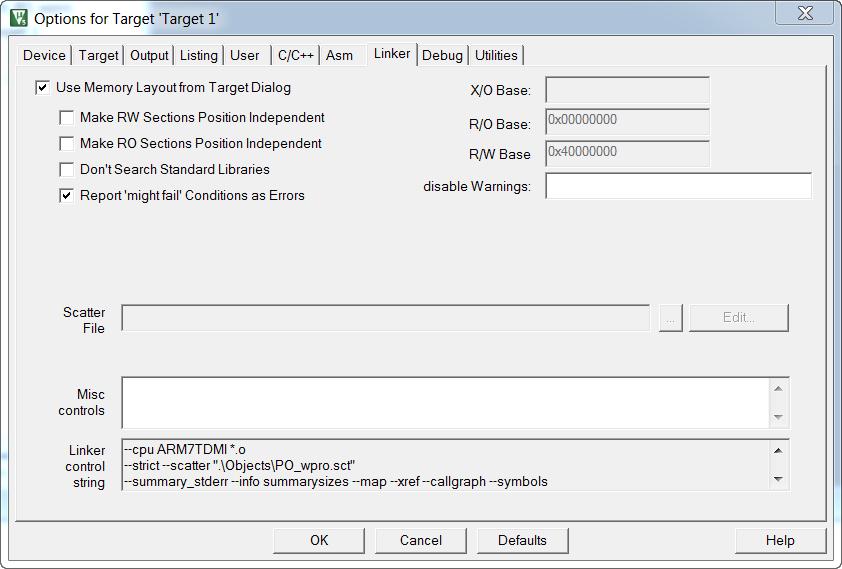 ZAKŁADKA LINKER: - należy zaznaczyć opcję: Use Memory Layout From Target Dialog, przedstawion opcja informuje środowisko o rozmieszczeniu pamięci na