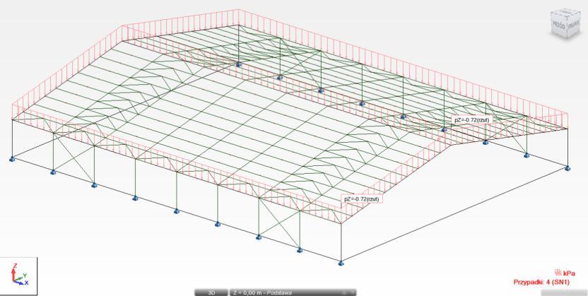 MODELOWANIE DEFINICJA OBCIĄŻEŃ STATYCZNYCH I KOMBINACJI (1) (2) (3) (4) Przypadki obciążeń: - (1) ciężar własny, - (2) obciążenie stałe (obudowa hali), - (3) obciążenie wiatrem,
