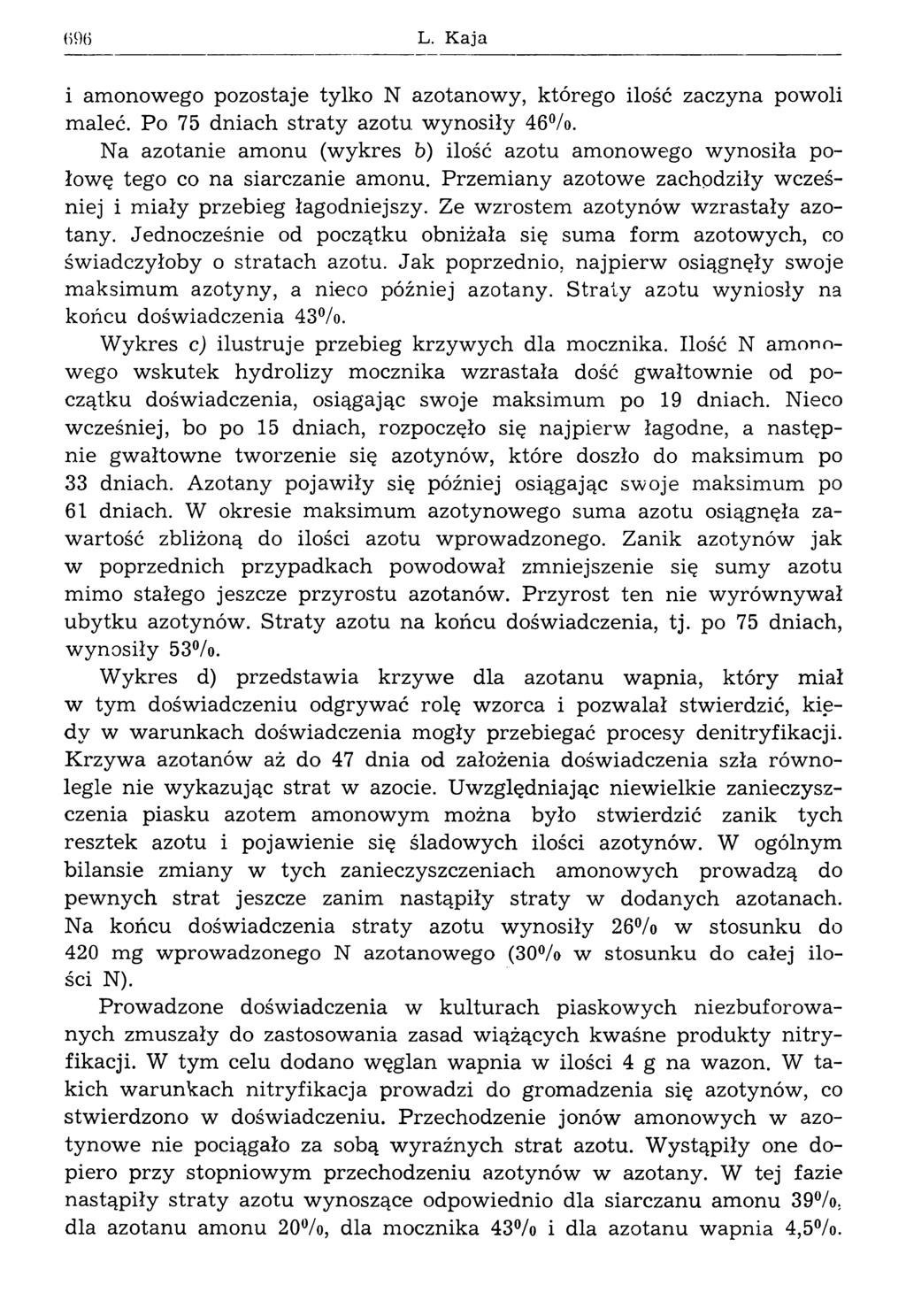 ( L. Kaja i amonowego pozostaje tylko N azotanowy, którego ilość zaczyna powoli maleć. Po 75 dniach stra ty azotu w ynosiły 46%.
