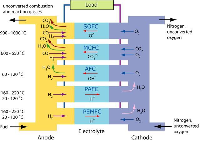 Rysunek 2. Mechanizm działania ogniw paliwowych różnego typu (http://www.doitpoms.ac.uk/tlplib/fuelcells/printall.