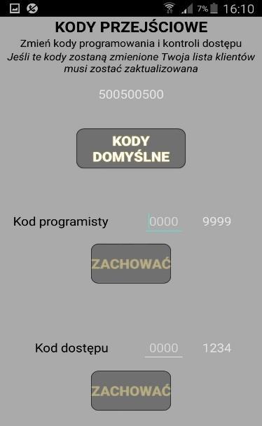 5. Kody dostępu UWAGA: Zachować ostrożność podczas zmiany kodów dostępu. Dostępne są dwa poziomy 4-cyfrowych kodów dostępu (muszą się one różnić): 1. Kod instalatora/programisty (domyślny 9999) 2.