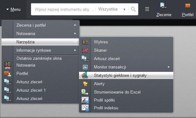 1. Okno statystyki i sygnały Okno Statystyki giełdowe i sygnały umożliwia monitorowanie statystyk akcji spółek z rynku GPW i NewConnect (wzrosty, spadki, brak zmian, obroty) oraz obserwację sygnałów