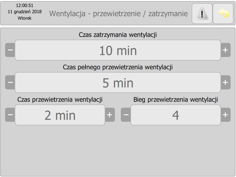 Wartość Pozostały czas przewietrzania można zmieniać przyciskiem + i -. Wartość 0 min oznacza, że funkcja czasowego obejścia harmonogramu jest obecnie nieaktywna.