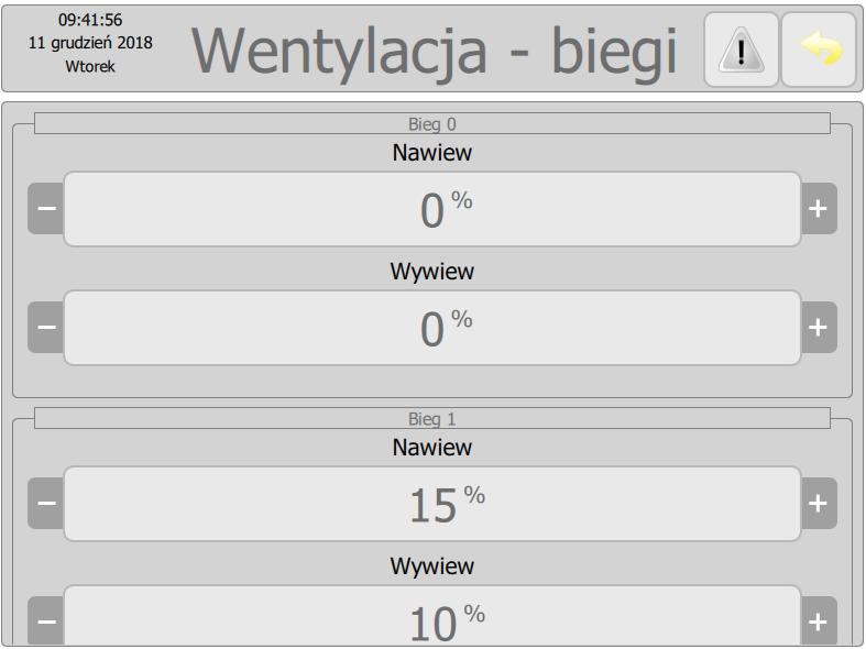 Układ sterowania umożliwia zdefiniowanie 7 biegów wentylacji. Każdy bieg odpowiada konkretnej nastawie prędkości wentylatora.