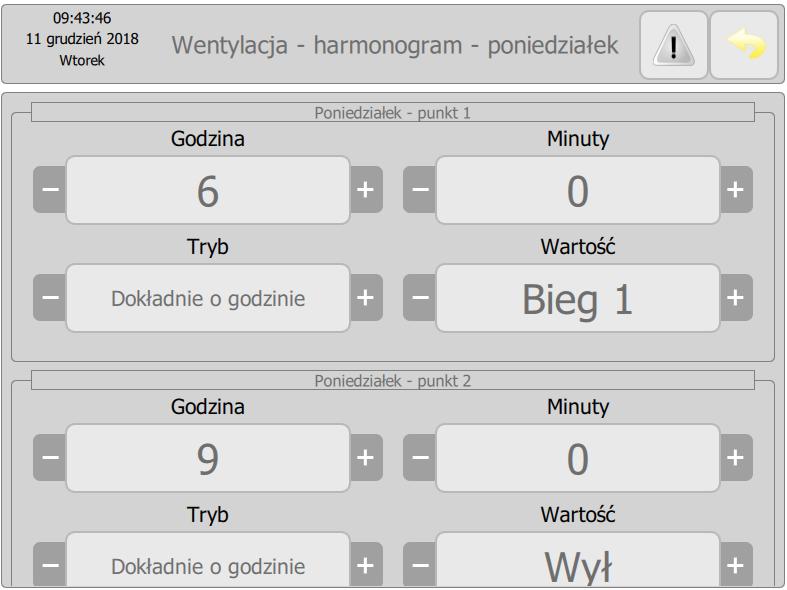 Układ sterowania umożliwia zaprogramowanie tygodniowego hatmonogramu pracy wentylacji. Na początku każdego odcinka czasowego włączony zostaje zaprogramowany dla tego odcinka bieg wentylacji.