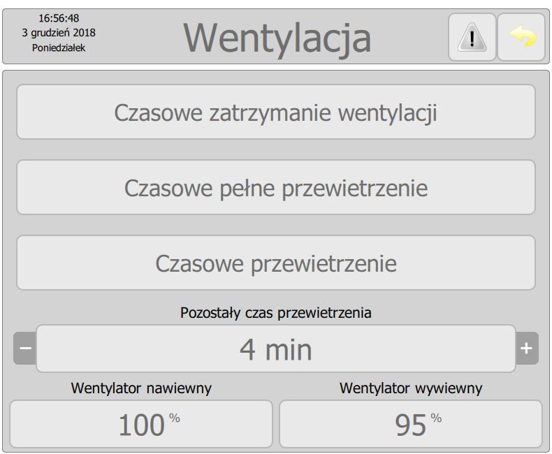 Układ sterowania umożliwia czasowe obejście harmonogramu pracy wentylacji. Oznacza, to że po aktywowaniu tej funkcji na określony czas zostanie zmieniony bieg wentylacji.