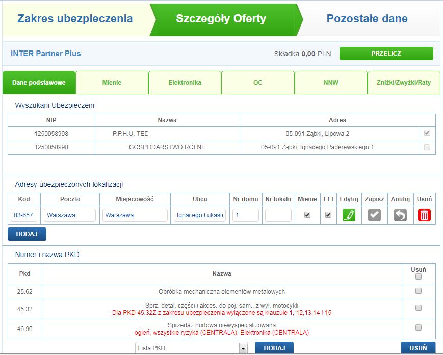 ubezpieczenia w zakładce Szczegóły Oferty