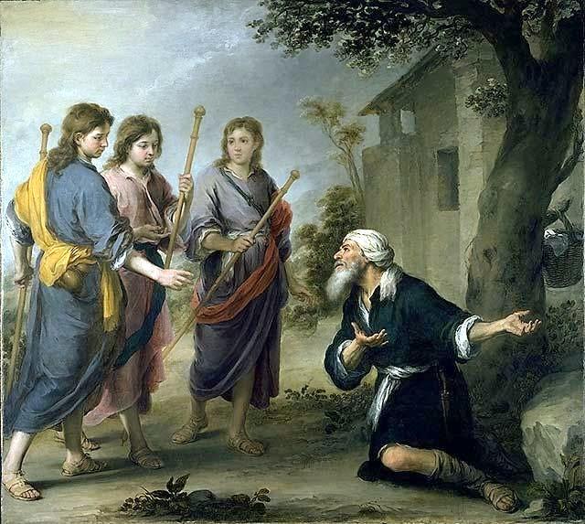 Abraham odwiedziny Boga Rdz 18, 1-33 Interpretacja Hbr 13,2 Do Abrahama i Sary, który mieszkają pod Dębami Mamre przybywają trzej wędrowcy. Abraham rozpoznaje w nich Boga i przyjmuje w gościnę.