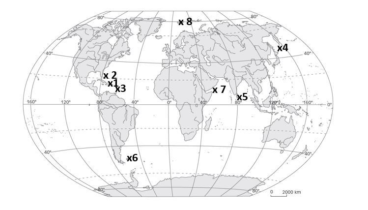 Zadanie 15 (0 16 pkt) Uzupełnij tabelę wpisując poprawne geograficzne nazwy wysp (archipelagów) rozpoznanych na podstawie opisów oraz odpowiadające im numery zamieszczone na mapie.