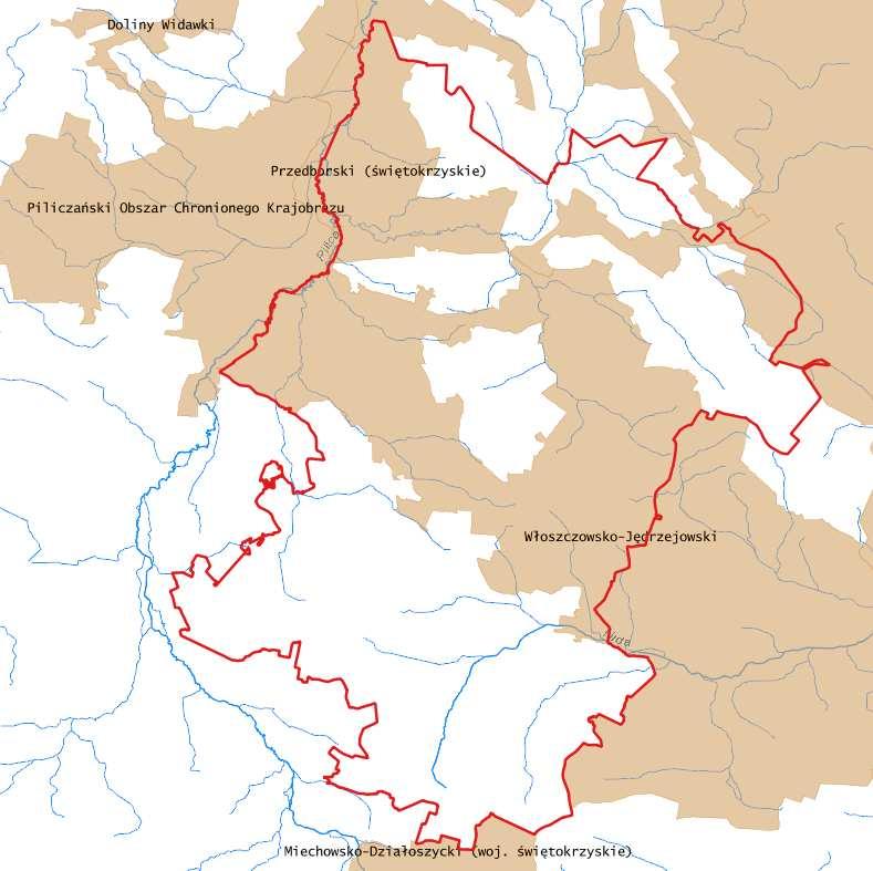 Rysunek 7 Obszary Chronionego Krajobrazu w granicach powiatu włoszczowskiego Aktualnie obowiązując akty prawne dotyczące wyszczególnionych Obszarów Chronionego Krajobrazu na terenie powiatu