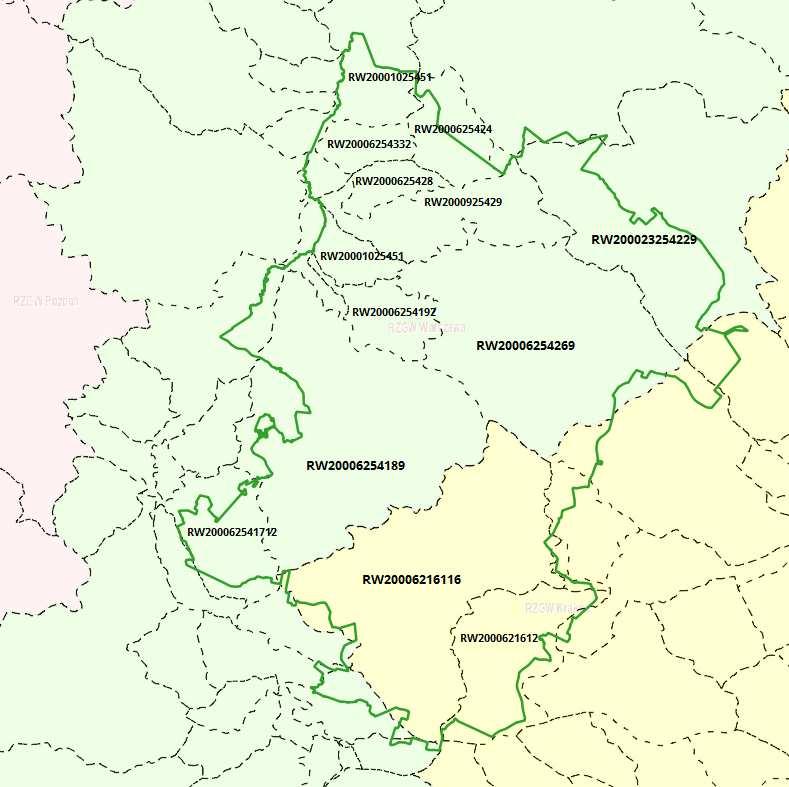 Rysunek 11 Granice zlewni JCWP w granicach powiatu włoszczowskiego oraz europejskie kody JCWP, których duŝa część znajduje się w granicach powiatu włoszczowskiego Wojewódzki Inspektorat Ochrony