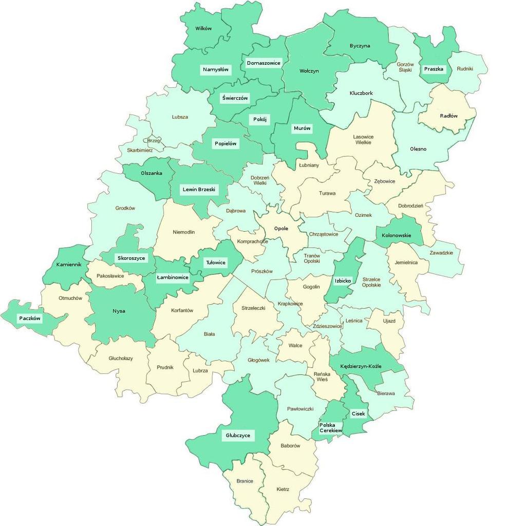 102 Mapa 11. Gminy spełniające ustawowy wskaźnik zatrudnienia pracowników socjalnych w ośrodku pomocy społecznej w 2017 r.