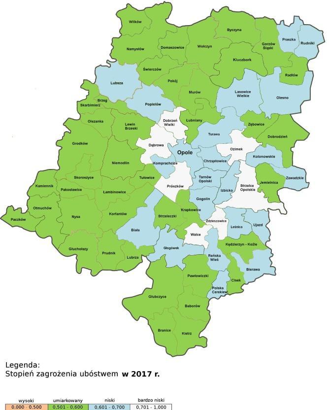 28 1.3.3. Stopień zagrożenia ubóstwem w woj. opolskim wg badań ROPS w Opolu Mapa 2. Stopień zagrożenia ubóstwem w woj. opolskim obliczony wg metody wzorca rozwoju stan na 31.12.2017 r. Mapa 3.