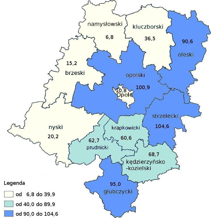 94 Mapa 9. Wskaźnik liczby osób objętych usługami pielęgnacyjnymi i opiekuńczymi na 1 000 ludności w powiatach woj. opolskiego w 2017 r. Źródło: opracowanie własne ROPS w Opolu. 3.