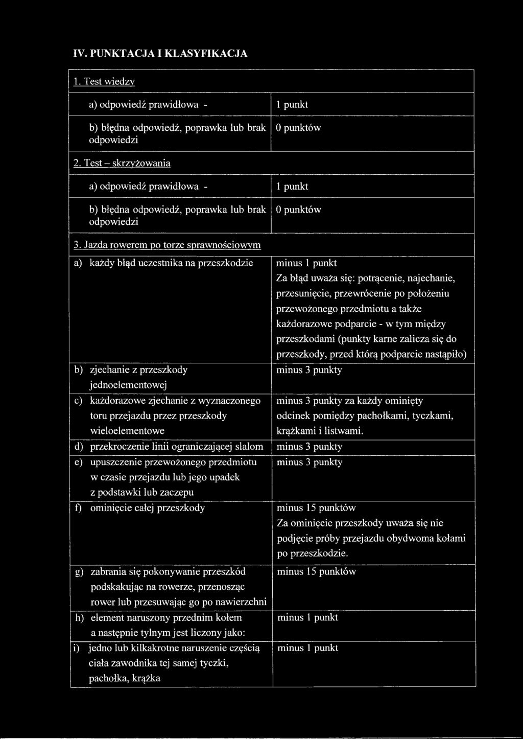 Jazda rowerem po torze sprawnościowym a) każdy błąd uczestnika na przeszkodzie minus 1 punkt Za błąd uważa się: potrącenie, najechanie, przesunięcie, przewrócenie po położeniu b) zjechanie z