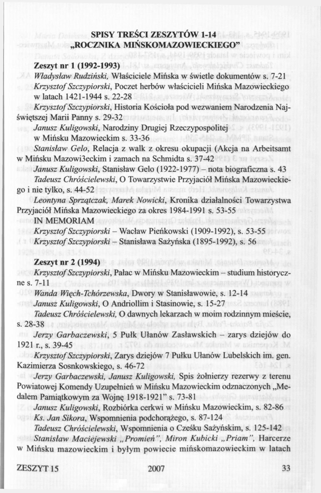 SPISY TREŚCI ZESZYTÓW 1-14 ROCZNIKA MIŃSKOM AZO WIECKI EGO" Zeszyt nr 1 (1992-1993) Władysław Rudziński, Właściciele Mińska w świetle dokumentów s.