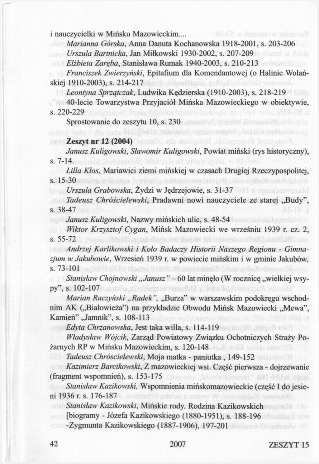 i nauczycielki w Mińsku Mazowieckim... Marianna Górska, Anna Danuta Kochanowska 1918-2001, s. 203-206 Urszula Bartnicka, Jan Miłkowski 1930-2002, s.