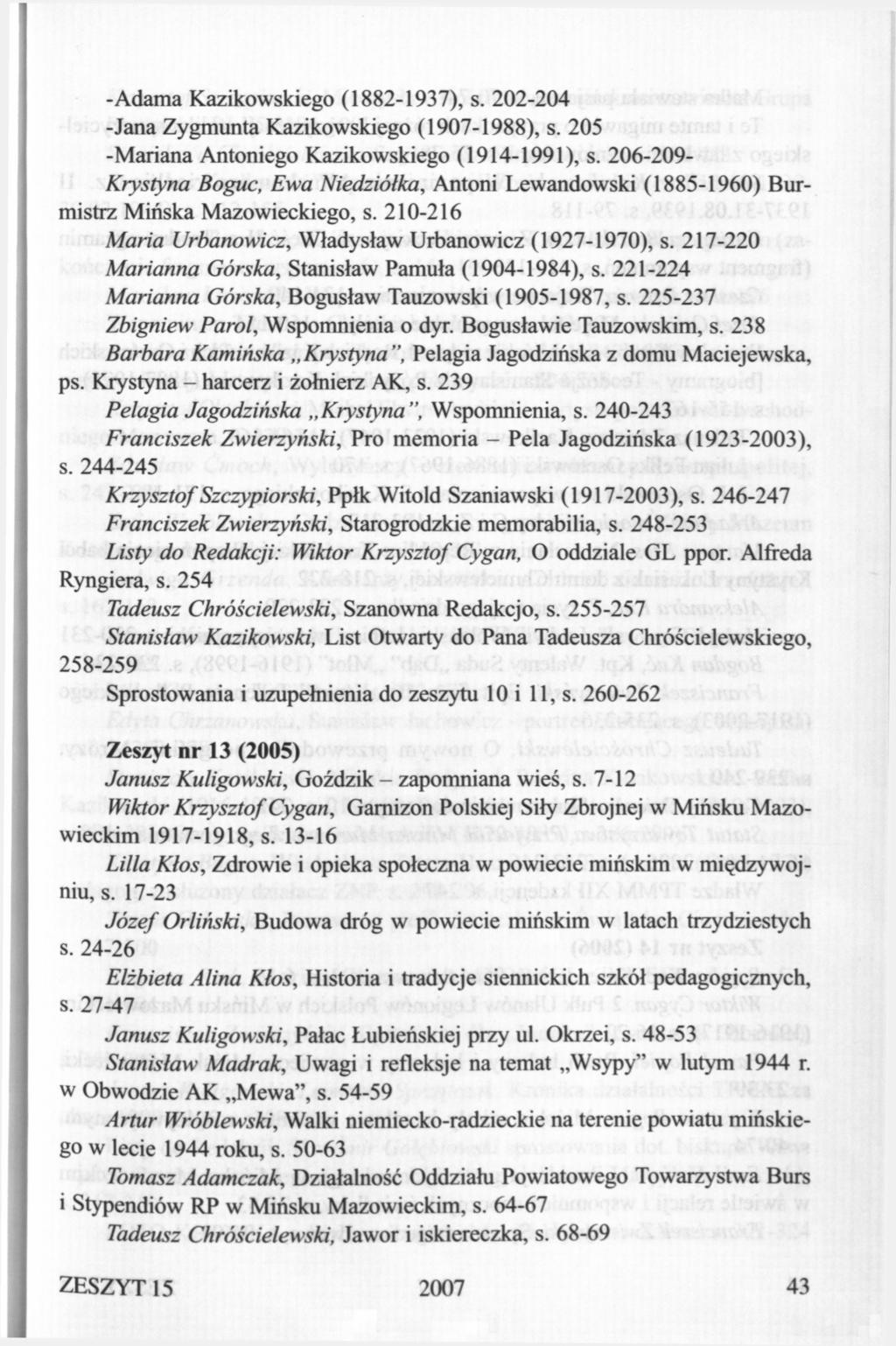-Adama Kazikowskiego (1882-1937), s. 202-204 -Jana Zygmunta Kazikowskiego (1907-1988), s. 205 -Mariana Antoniego Kazikowskiego (1914-1991), s.
