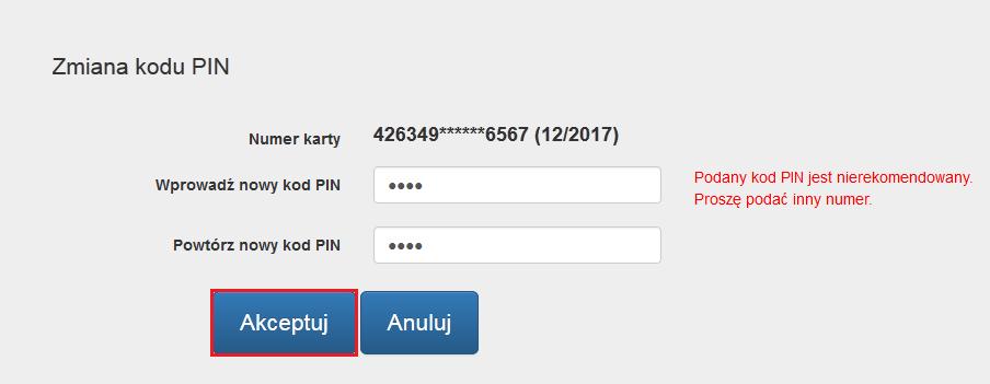 wprowadzenie nowego kodu PIN (Rysunek 36). Po kliknięciu Akceptuj, portal ponownie zweryfikuje ustalony przez Ciebie kod PIN.