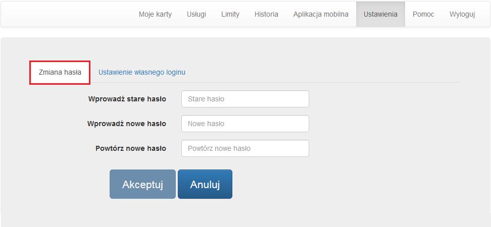 Rysunek 81 Po wybraniu opcji zmiany hasła, pojawi się ekran (Rysunek 82), na którym należy podać hasło dotychczas używane oraz wprowadzić nowe hasło.