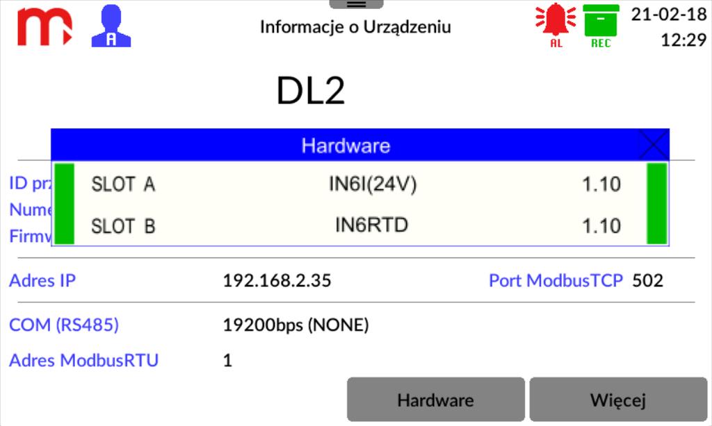 11 OKNA UŻYTKOWNIKA 11.1 Informacje o urządzeniu Informacje o urządzeniu dostępne są po wybraniu ikony menu.