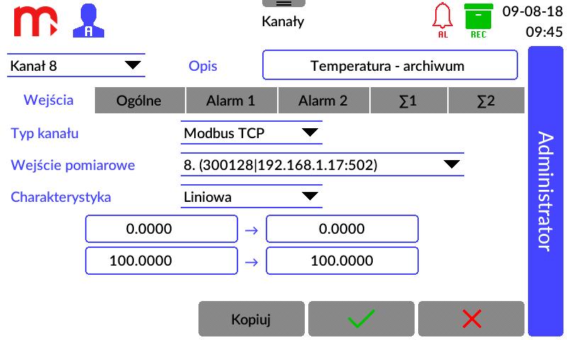 12.4.1 Wejścia Rys. 12.4 Przykładowy wygląd okna ustawień kanału typu Modbus TCP - Kanały.