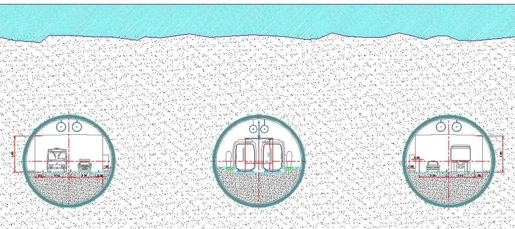 Do dalszej analizy przedstawiono więc rozwiązanie polegające na wykonaniu 3 tuneli o średnicy ok. 10m oddzielnie dla każdego środka transportu.
