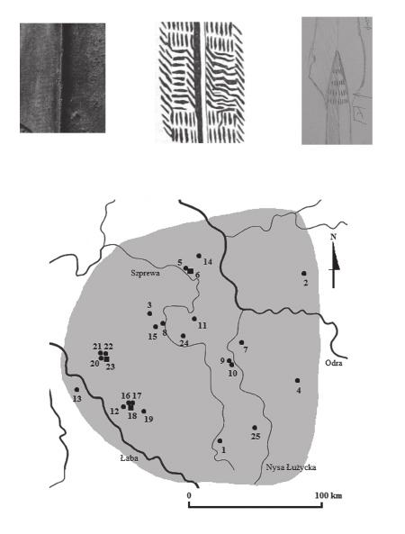 Groty broni drzewcowej... 135 1 2 3 4 Tabl.IX: 1 fragment ornamentu grotu z tzw. grobu 1 ze Stolzenhain, Lkr. Elbe-Elster; 2 fragment ornamentu grotu ze Straupitz, Lkr.