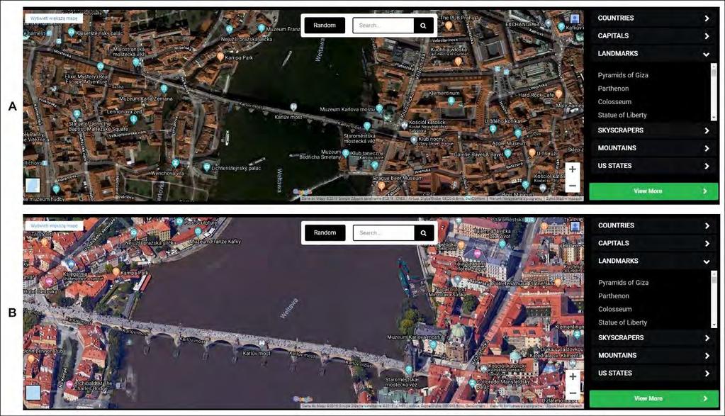 Rycina 18. Rzuty z ekranu monitora przedstawiającego fragmenty geowizualizacji centralnej części Pragi zamieszczonej na portalu Earth 3D Map on Google+. A obraz wyjściowy, B obraz po powiększeniu.
