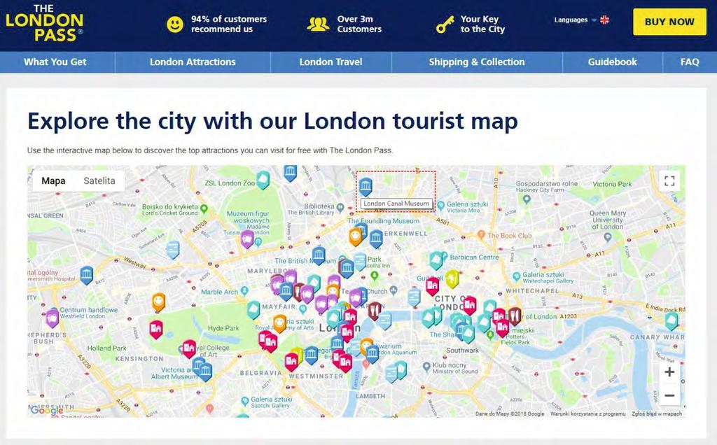 Rycina 15. Rzut z ekranu monitora interaktywnego planu Londynu z portalu The London Pass.