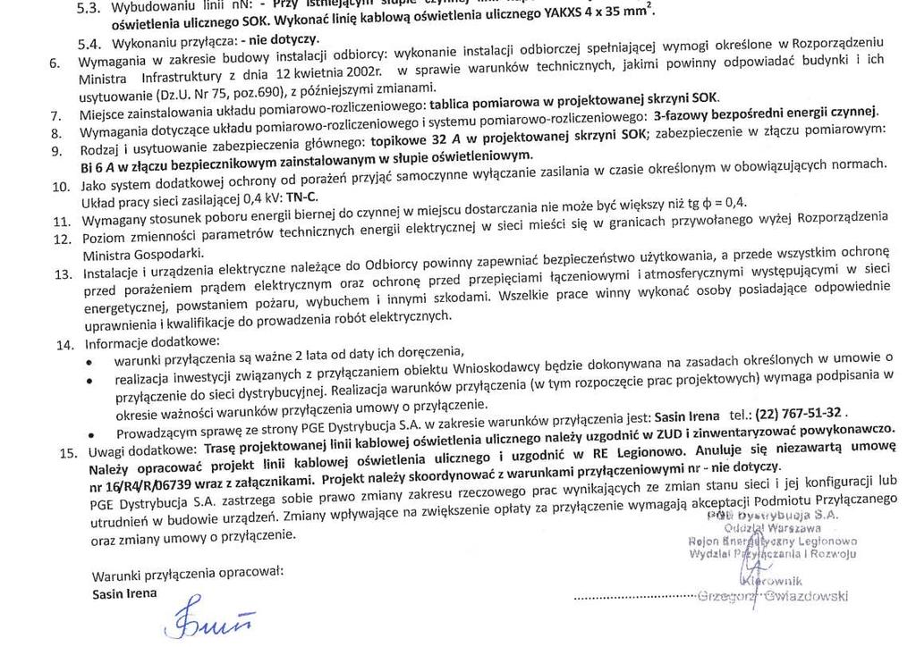 Załącznik nr 1 - Warunki przyłączenia do sieci energetycznej wydane przez PGE Dystrybucja S.A.
