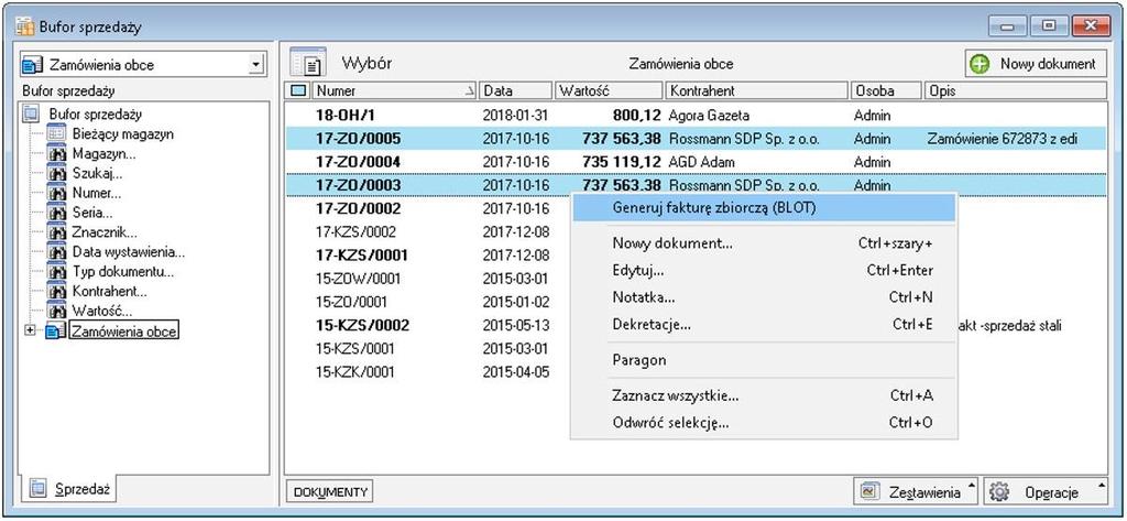 Wst p Dodatek umo liwia wystawienie faktury zbiorczej do zamówie obcych. Powstaje faktura zbiorcza, która 'sumuje' pozycje o tym samym indeksie. Tzn: ilo jest zsumowana, o ile ceny s takie same.