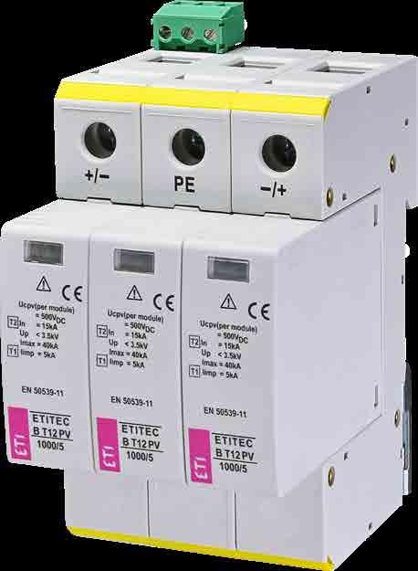 Ograniczniki przepięć ETITEC B - PV 1,2 (B+C) Seria ograniczników przepięć ETITEC B-PV jest przeznaczona do ochrony instalacji fotowoltaicznych - modułów PV przed przepięciami: łączeniowymi lub