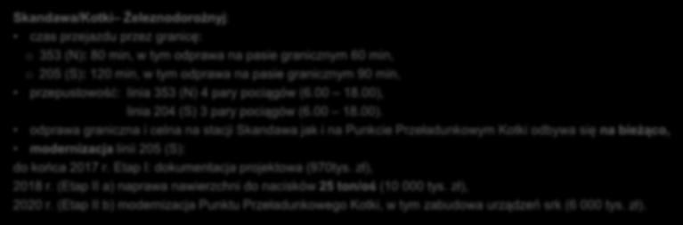 odprawa graniczna i celna na stacji Skandawa jak i na Punkcie Przeładunkowym Kotki odbywa się na bieżąco, modernizacja linii 205 (S): do końca 2017 r.