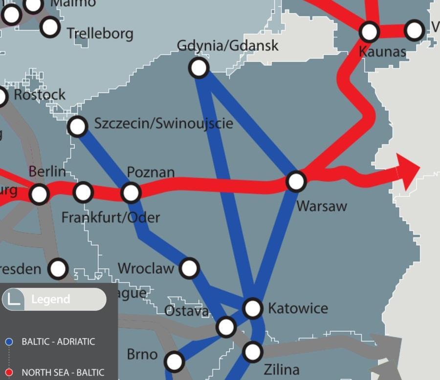 Korytarze sieci bazowej TEN-T w Polsce Korytarz Morze Bałtyckie Morze Adriatyckie jedna z najważniejszych transeuropejskich sieci drogowo-kolejowych; przebiega od polskich portów Morza Bałtyckiego do