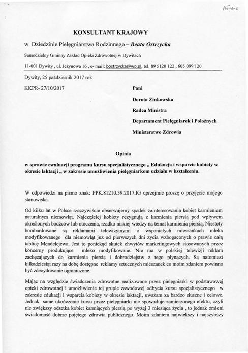 Opinia w sprawie ewaluacji programu kursu specjalistycznego Edukacja i wsparcie kobiety w okresie laktacji w zakresie umożliwienia pielęgniarkom udziału w kształceniu Dywity, 25 października 2017 rok