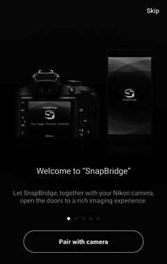 4 Urządzenie inteligentne: uruchom aplikację SnapBridge istuknij opcję Pair with camera (Paruj z aparatem).