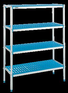 Regały modułowe aluminiowo-polietylenowe Regały modułowe aluminiowo-polietylenowe Regały z anodyzowanego aluminium z półkami przeznaczonymi do kontaktu z żywnością.