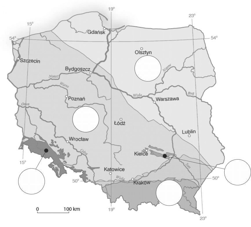 Zad. 8. Wpisz w kółka mapie numery właściwych struktur geologicznych Polski.