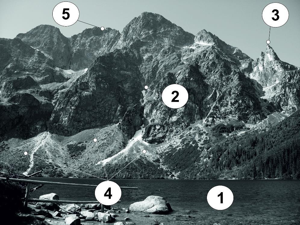 Maks. 6 pkt. Po 1 pkt. za każdą prawidłową odpowiedź. Zad. 13. Na podstawie fotografii odpowiedz na pytania: 0-7 pkt. A. Jaki rodzaj krajobrazu przedstawia fotografia? Wysokogórski, alpejski B.