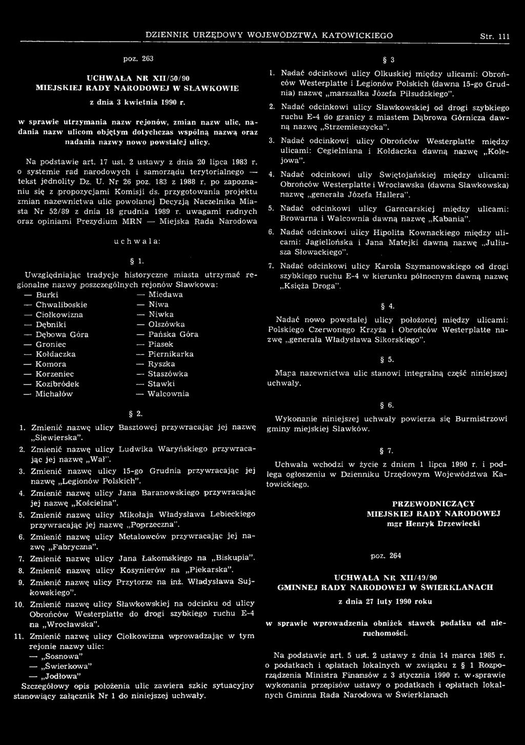 uwagami radnych oraz opiniami Prezydium MRN Miejska Rada Narodowa I- Uwzględniając tradycje historyczne miasta utrzymać regionalne nazwy poszczególnych rejonów Sławkowa: Burki Miedawa Chwaliboskie