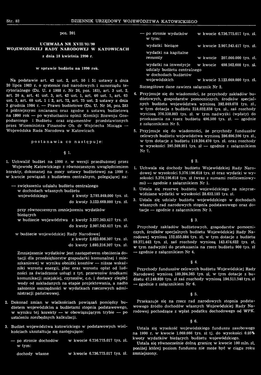 dr Wojciecha Misiąga Wojewódzka Rada Narodowa w Katowicach postanawia co następuje: 1. 1. Uchwalić budżet na 1990 r.