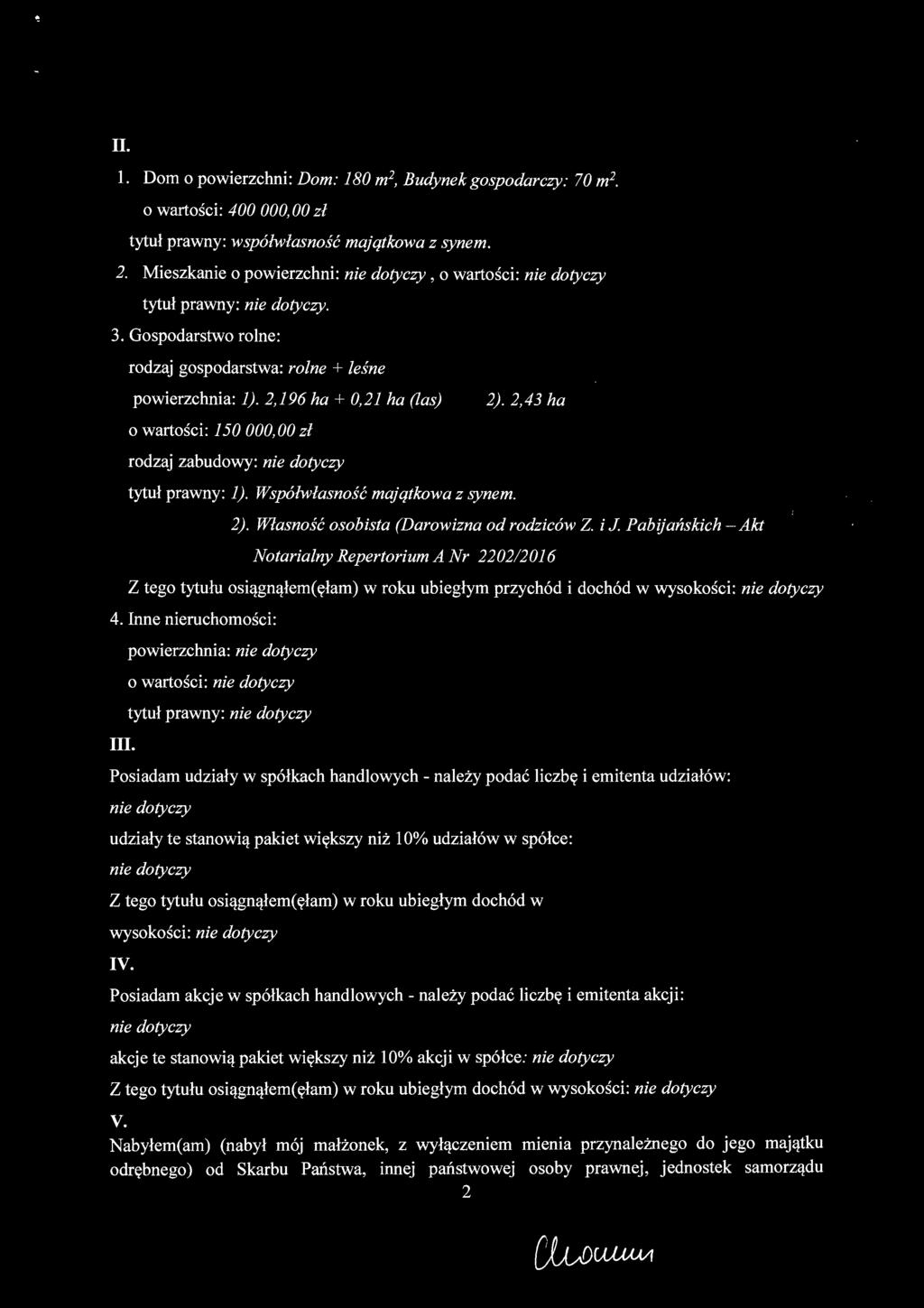 Współwłasność majątkowa z synem. 2). Własność osobista (Darowizna od rodziców Z.