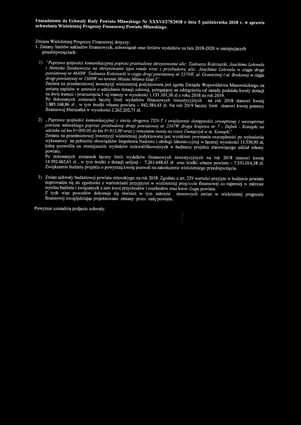 Uzasadnienie do Uchwały Rady Powiatu Mławskiego Nr XXXVI/275/2018 z dnia 5 października 2018 r. w sprawie uchwalenia Wieloletniej Prognozy Finansowej Powiatu Mławskiego.