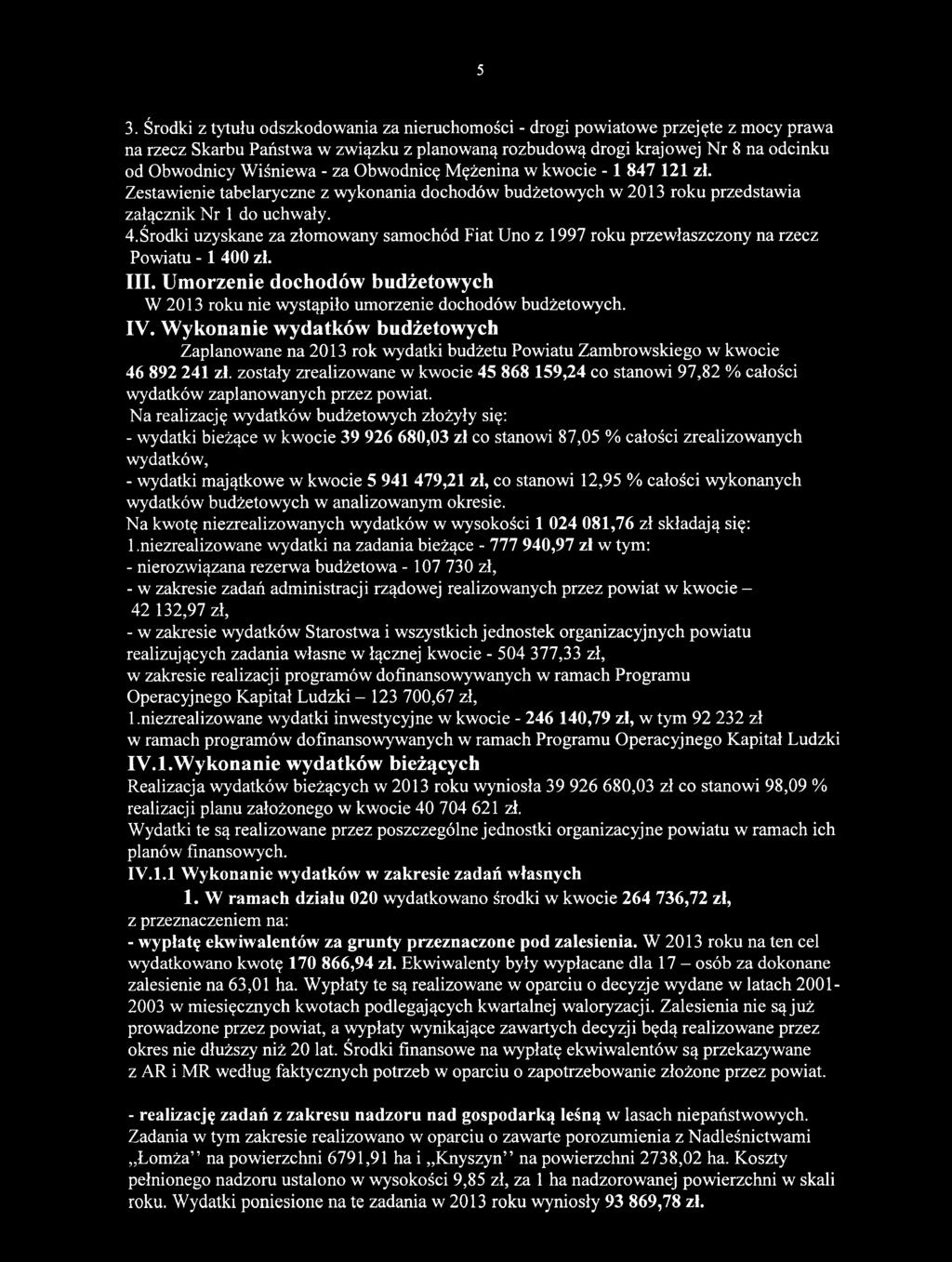 zostały zrealizowane w kwocie 45 868 159,24 co stanowi 97,82 % całości wydatków zaplanowanych przez powiat.