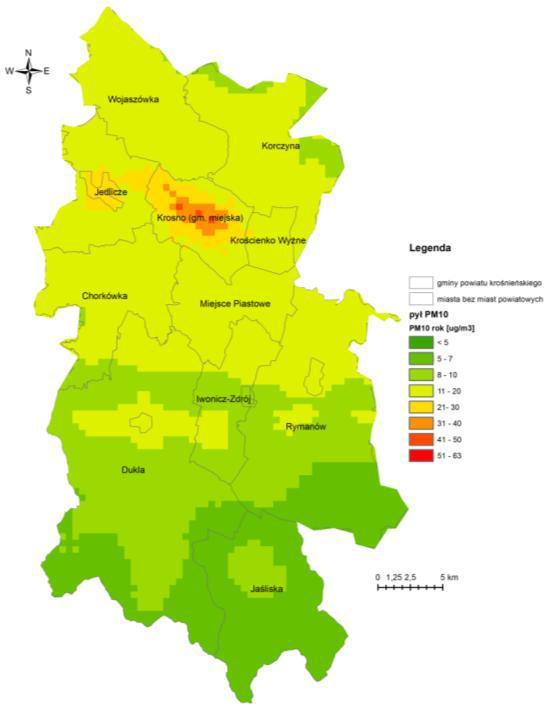 5.2. Stan i jakość powietrza Z uwagi na położenie gminy Chorkówka w bezpośrednim sąsiedztwie Krosna stopień średniorocznego stężenia pyłami PM10 i PM 2,5 należy określić w gminie, jako średni.