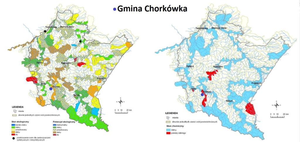 Stan/potencjał ekologiczny określa się na podstawie badań elementów biologicznych. W gminie Chorkówka w 2015 r. rzekę Jasiołkę zakwalifikowano do słabego stanu ekologicznego.