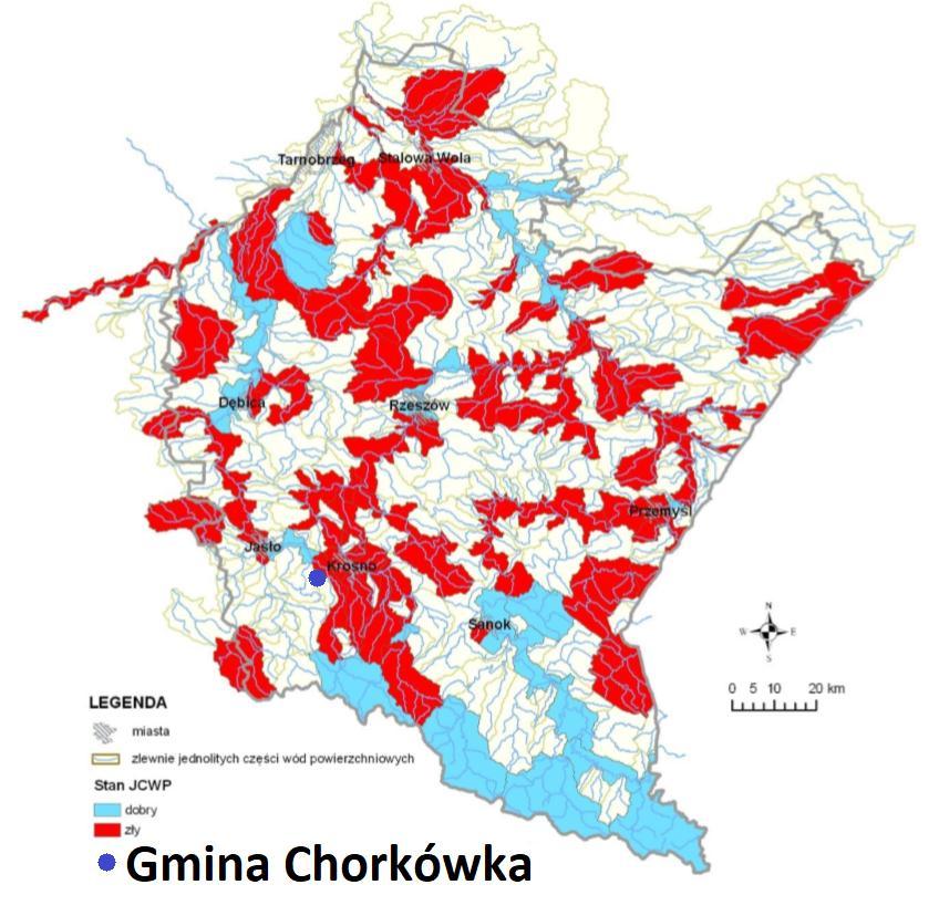 Rysunek 25. Stan jednolitych części wód powierzchniowych rzek w gminie Chorkówka w 2015r. Źródło: Opracowanie własne na podstawie Oceny stanu wód powierzchniowych za 2015r.