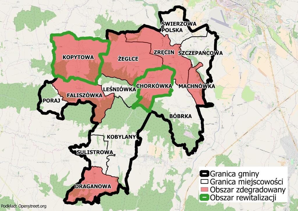 Obszar rewitalizacji (Chorkówka oraz Kopytowa) to 13,22 km², co stanowi 17,1% obszaru gminy. Obszar rewitalizacji zamieszkuje 2300 osób, co stanowi 16,74% ludności gminy. Rysunek 29.